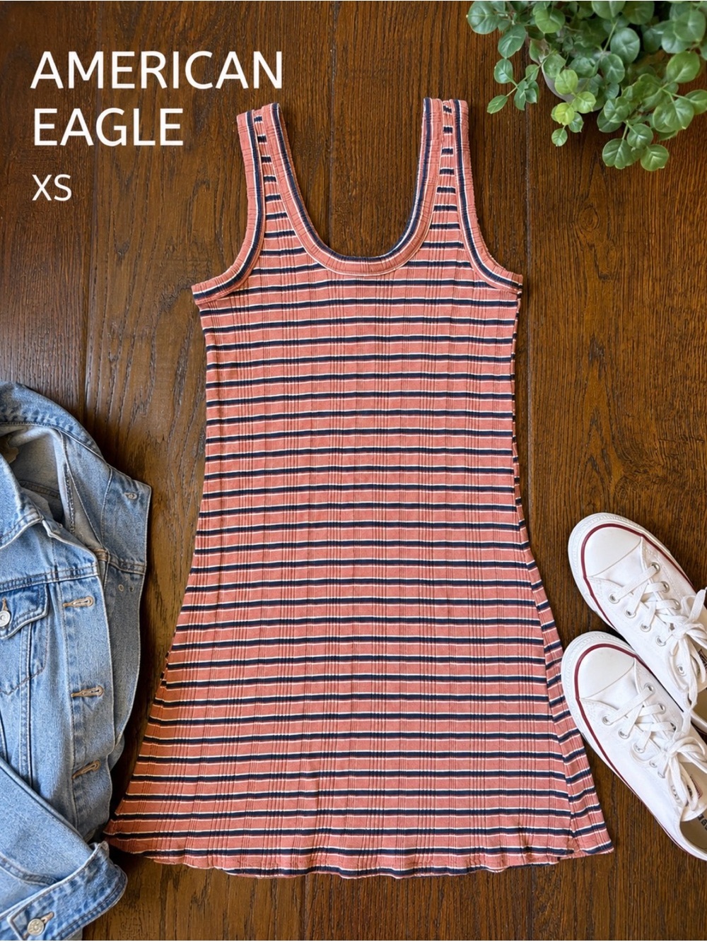 American Eagle Ribbed Stripe Knit Tank Dress XS Cotton Pink Blue Casual